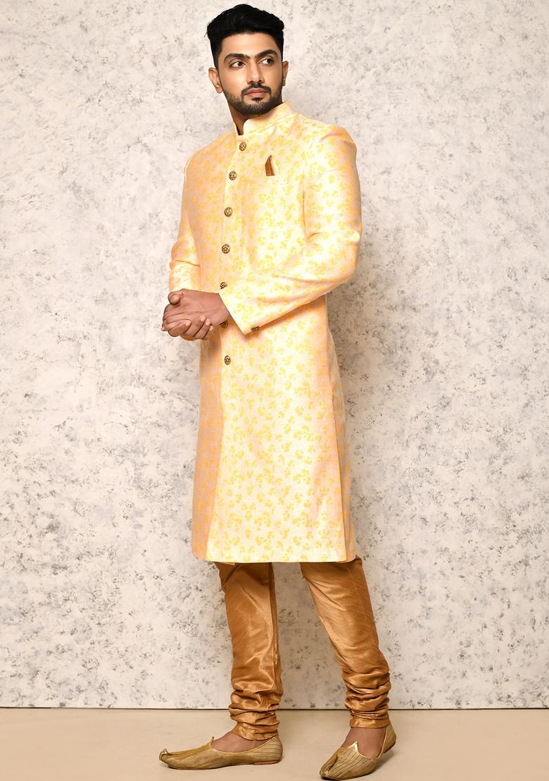 Yellow Embroidered Cotton Blend Indo Western Sherwani Set For Men