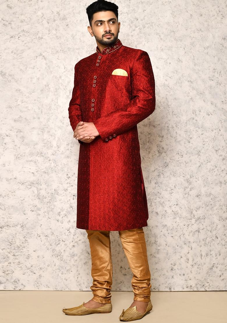 Maroon Embroidered Silk Indo Western Sherwani Set For Men
