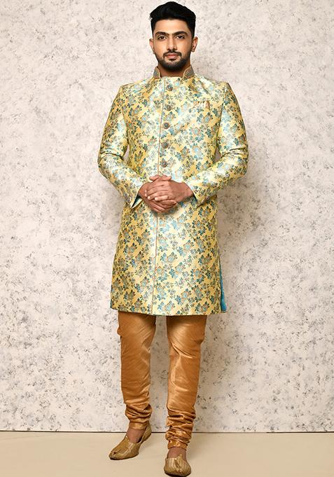 Firozi Embroidered Silk Indo Western Sherwani Set For Men
