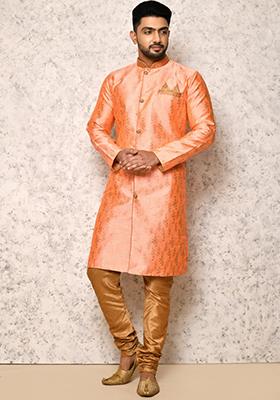 Pink Embroidered Silk Indo Western Sherwani Set For Men