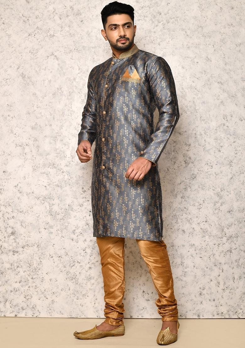 Grey Embroidered Silk Indo Western Sherwani Set For Men