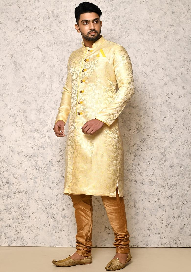 Yellow Embroidered Silk Indo Western Sherwani Set For Men