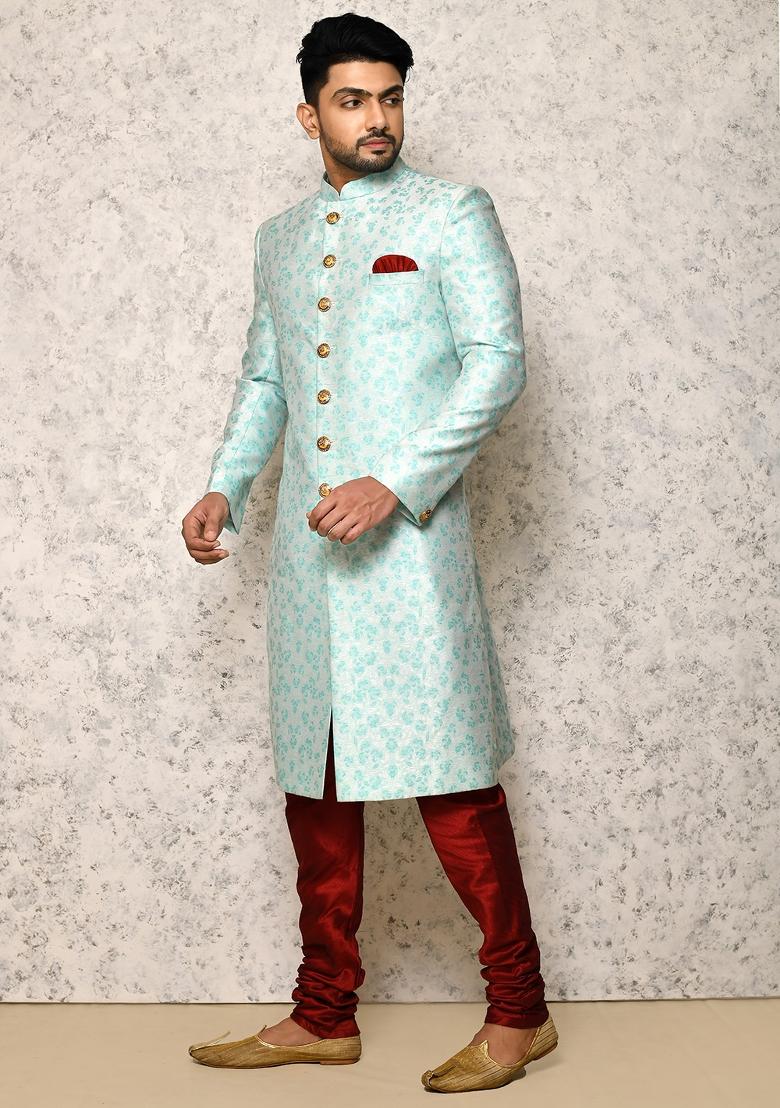 Sky Blue Embroidered Cotton Blend Indo Western Sherwani Set For Men