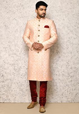 Rust Embroidered Cotton Blend Indo Western Sherwani Set For Men
