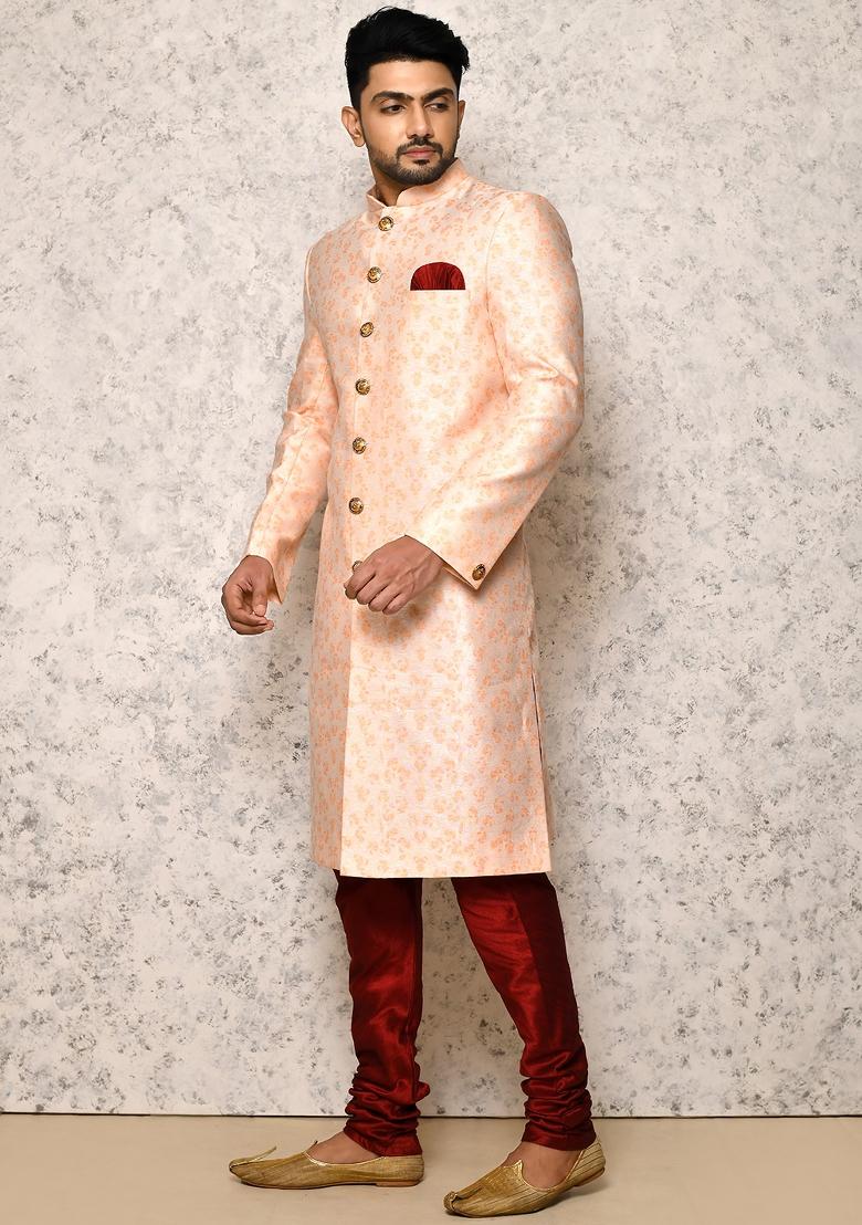Rust Embroidered Cotton Blend Indo Western Sherwani Set For Men
