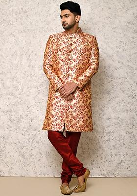 Maroon Embroidered Silk Indo Western Sherwani Set For Men