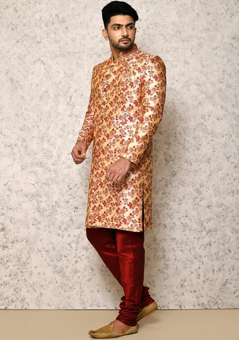 Maroon Embroidered Silk Indo Western Sherwani Set For Men