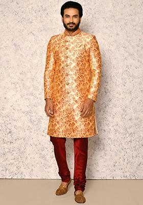 Rust Embroidered Silk Indo Western Sherwani Set For Men