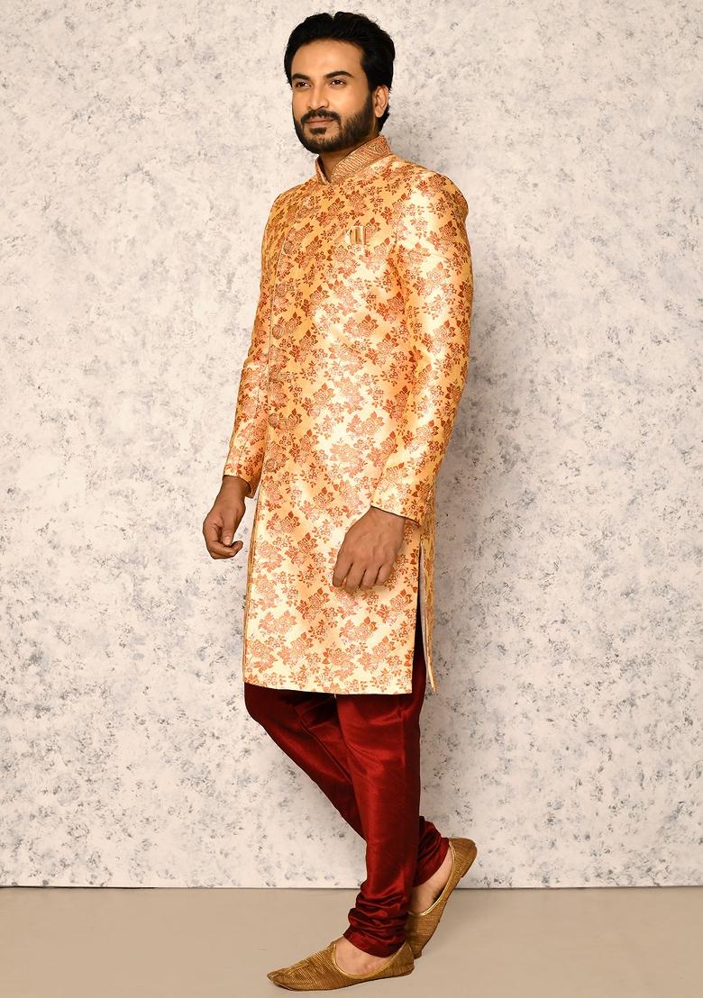 Rust Embroidered Silk Indo Western Sherwani Set For Men
