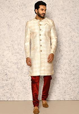 Cream Embroidered Silk Indo Western Sherwani Set For Men