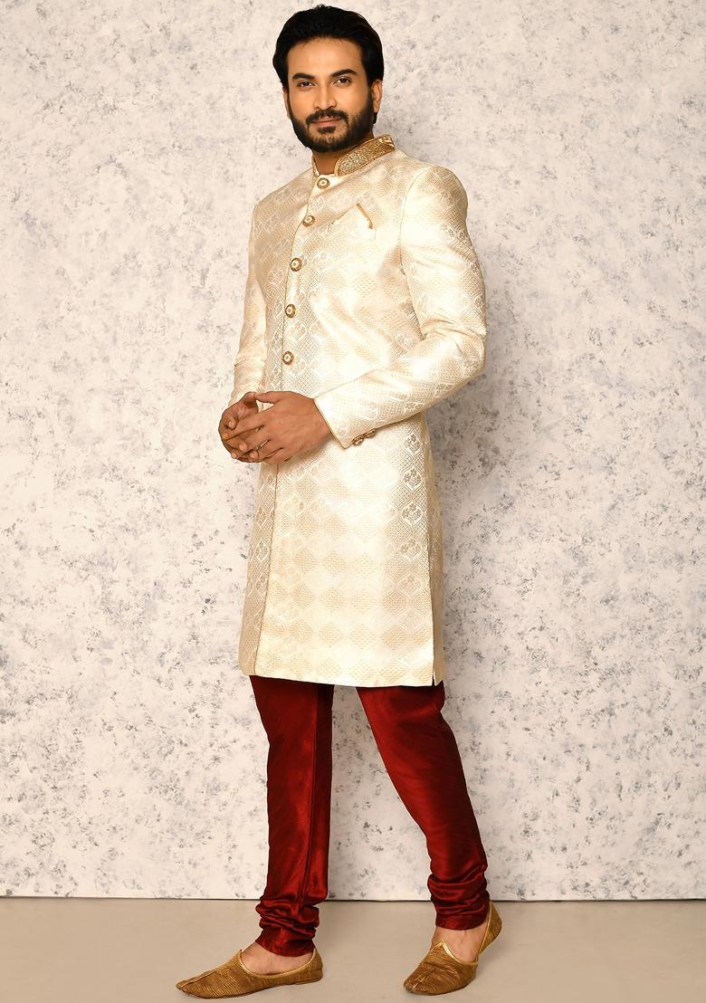 Cream Embroidered Silk Indo Western Sherwani Set For Men