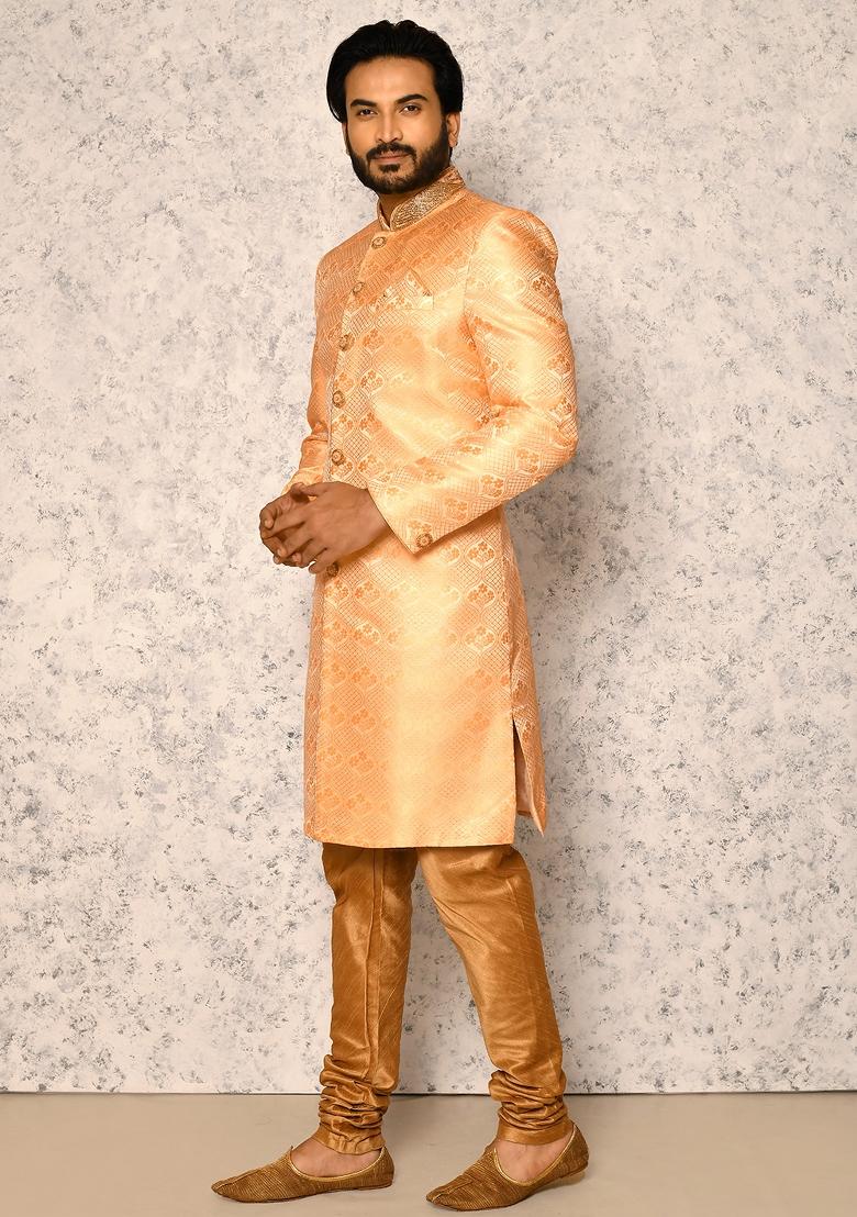Rust Embroidered Silk Indo Western Sherwani Set For Men