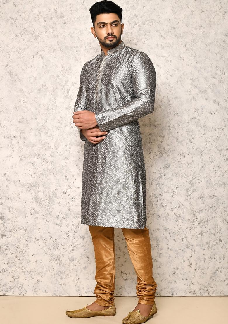 Grey Embroidered Silk Kurta Set For Men