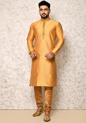 Gold Embroidered Silk Kurta Set For Men