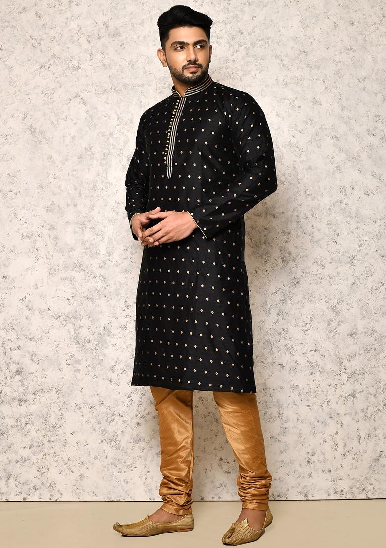 Black Embroidered Silk Kurta Set For Men