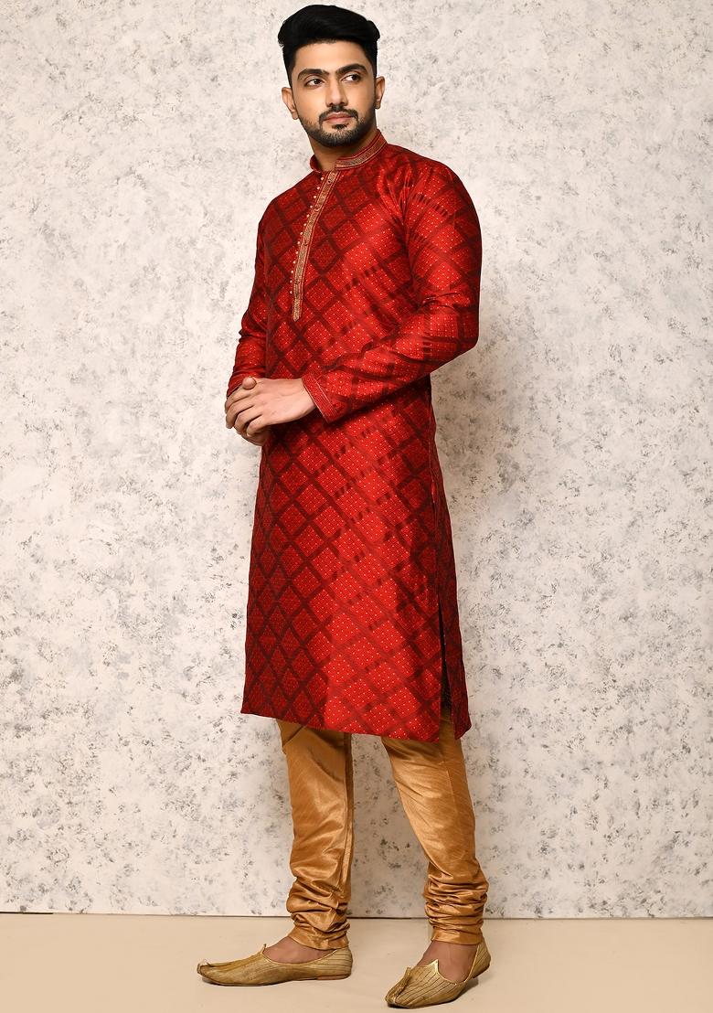 Maroon Embroidered Silk Kurta Set For Men