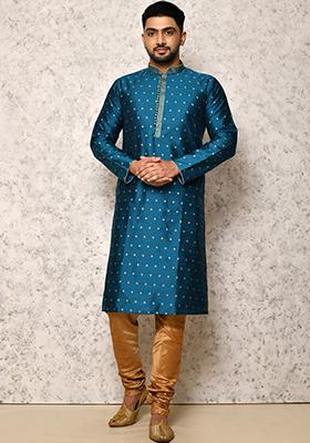 Turquoise Blue Embroidered Silk Kurta Set For Men