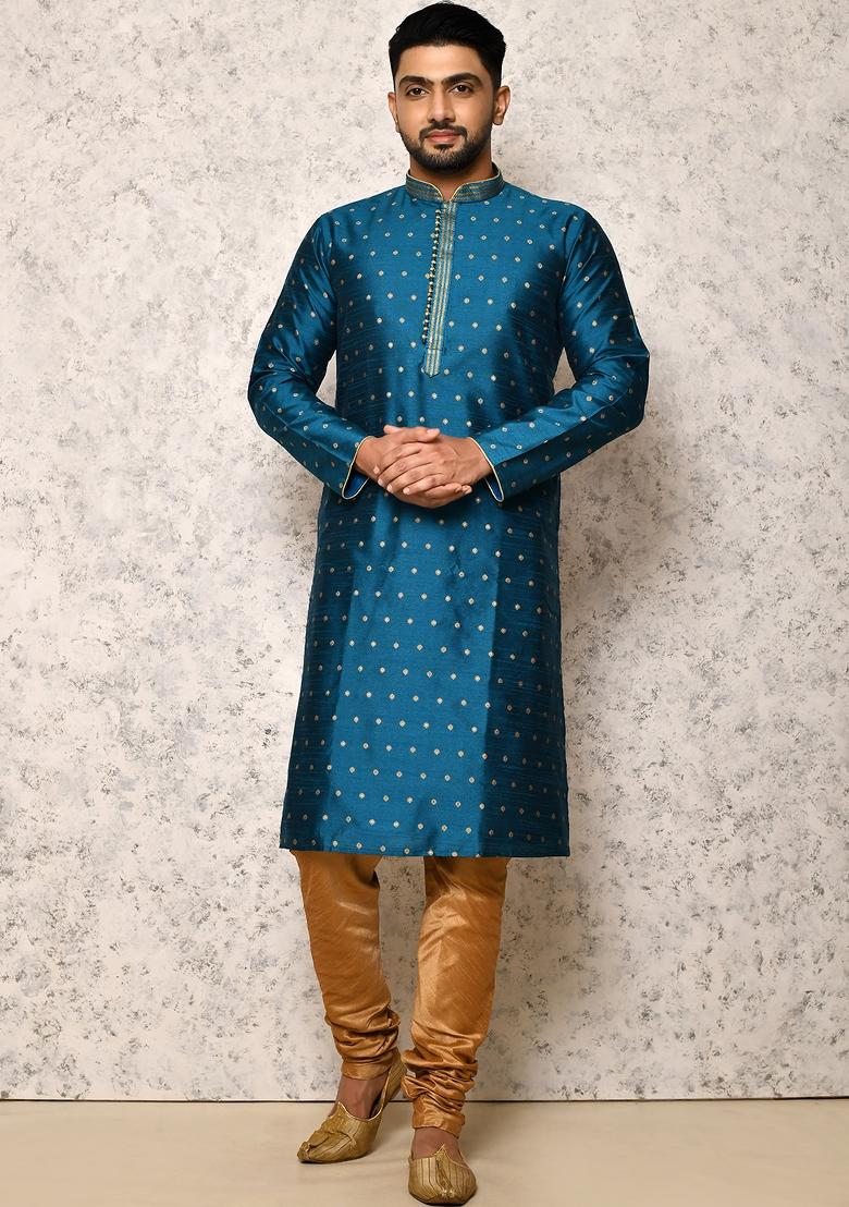 Turquoise Blue Embroidered Silk Kurta Set For Men