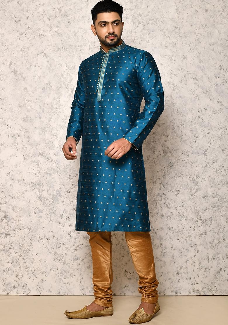 Turquoise Blue Embroidered Silk Kurta Set For Men