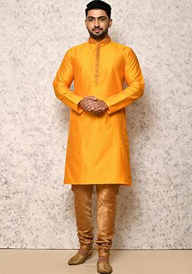 Yellow Embroidered Silk Kurta Set For Men