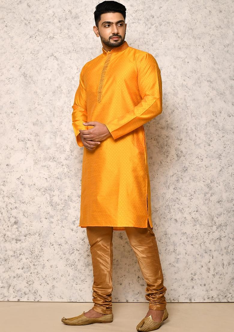 Yellow Embroidered Silk Kurta Set For Men
