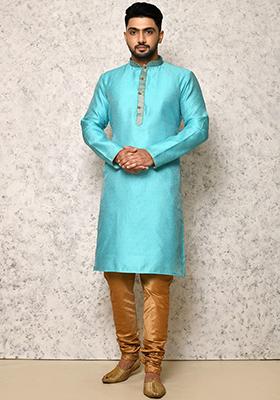 Sky Blue Embroidered Silk Kurta Set For Men