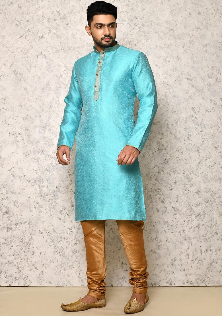 Sky Blue Embroidered Silk Kurta Set For Men
