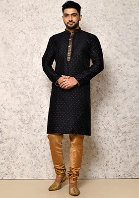Blue Embroidered Silk Kurta Set For Men