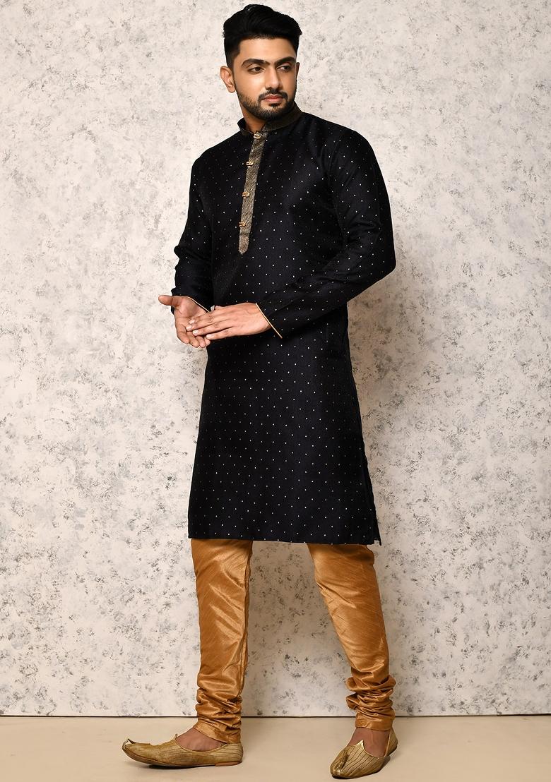 Blue Embroidered Silk Kurta Set For Men