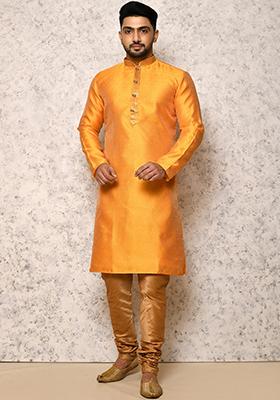 Yellow Embroidered Silk Kurta Set For Men