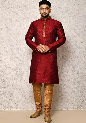 Maroon Embroidered Silk Kurta Set For Men