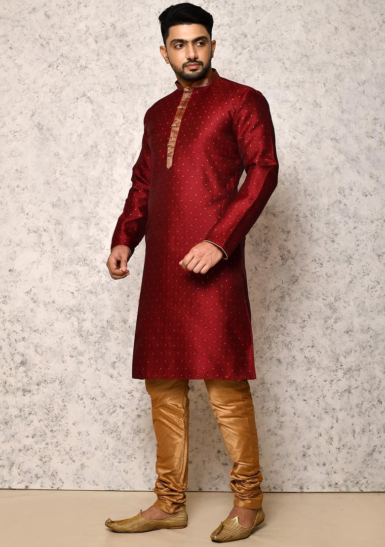 Maroon Embroidered Silk Kurta Set For Men