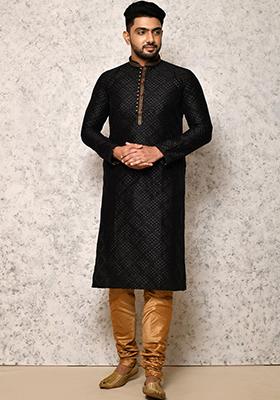 Black Embroidered Silk Kurta Set For Men