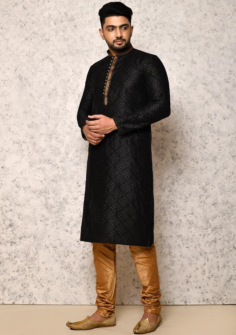 Black Embroidered Silk Kurta Set For Men
