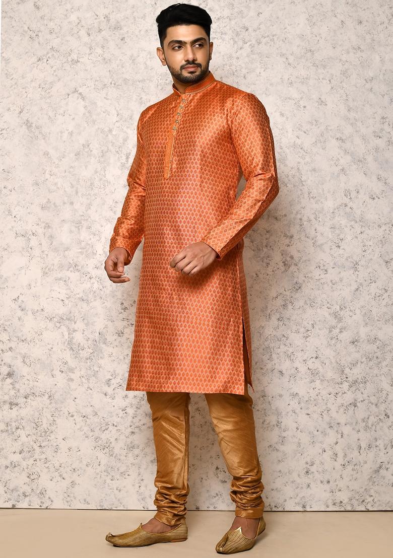 Orange Embroidered Cotton Blend Kurta Set For Men