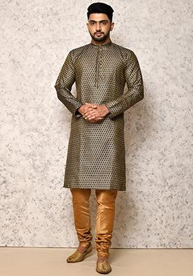 Black Embroidered Cotton Blend Kurta Set For Men