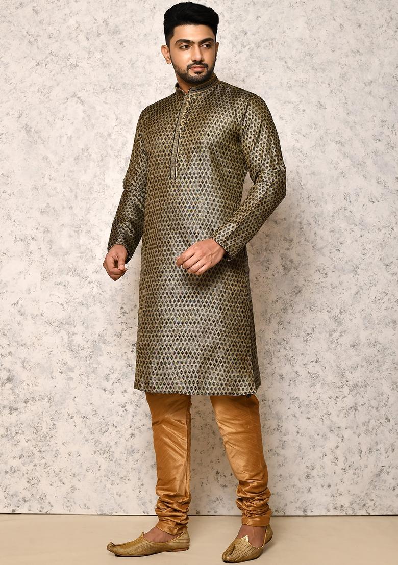 Black Embroidered Cotton Blend Kurta Set For Men