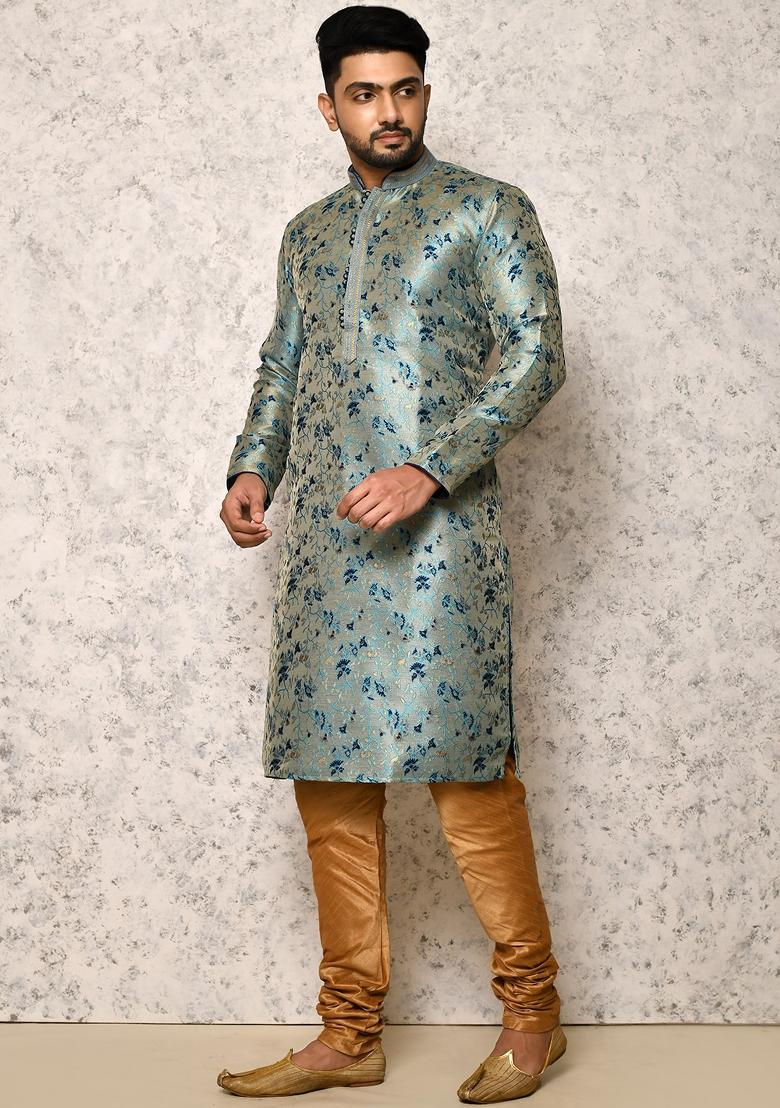 Firozi Embroidered Silk Kurta Set For Men