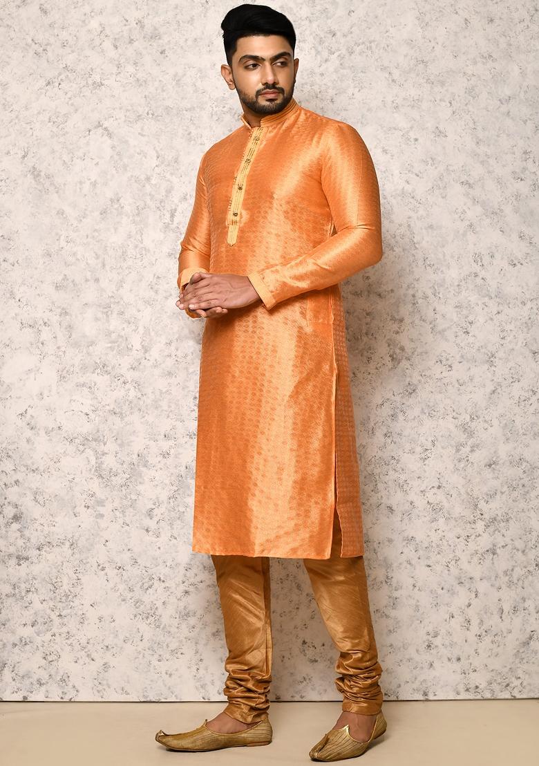 Peach Embroidered Silk Kurta Set For Men