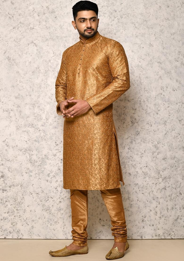 Golden Embroidered Silk Kurta Set For Men