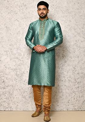 Green Embroidered Silk Kurta Set For Men