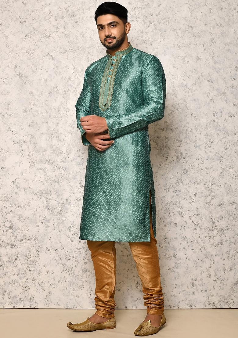 Green Embroidered Silk Kurta Set For Men