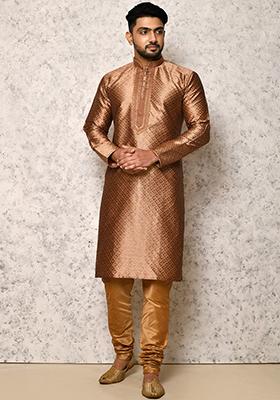 Brown Embroidered Silk Kurta Set For Men