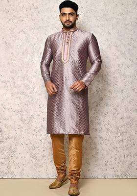 Purple Embroidered Silk Kurta Set For Men