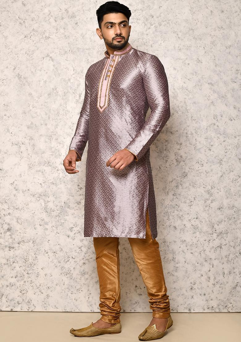 Purple Embroidered Silk Kurta Set For Men