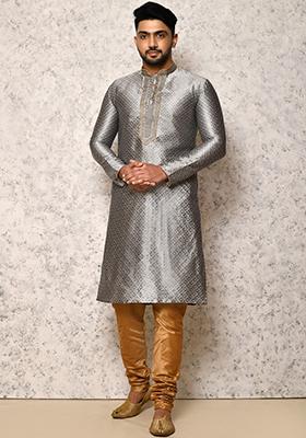 Grey Embroidered Silk Kurta Set For Men