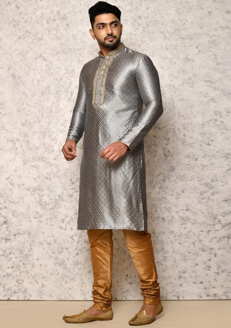 Grey Embroidered Silk Kurta Set For Men