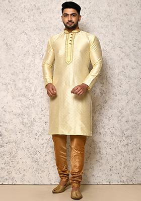 Cream Embroidered Silk Kurta Set For Men
