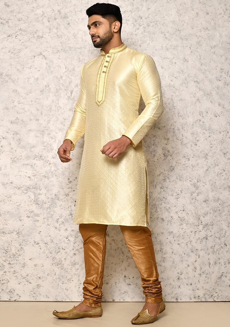 Cream Embroidered Silk Kurta Set For Men