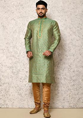 Green Embroidered Silk Kurta Set For Men